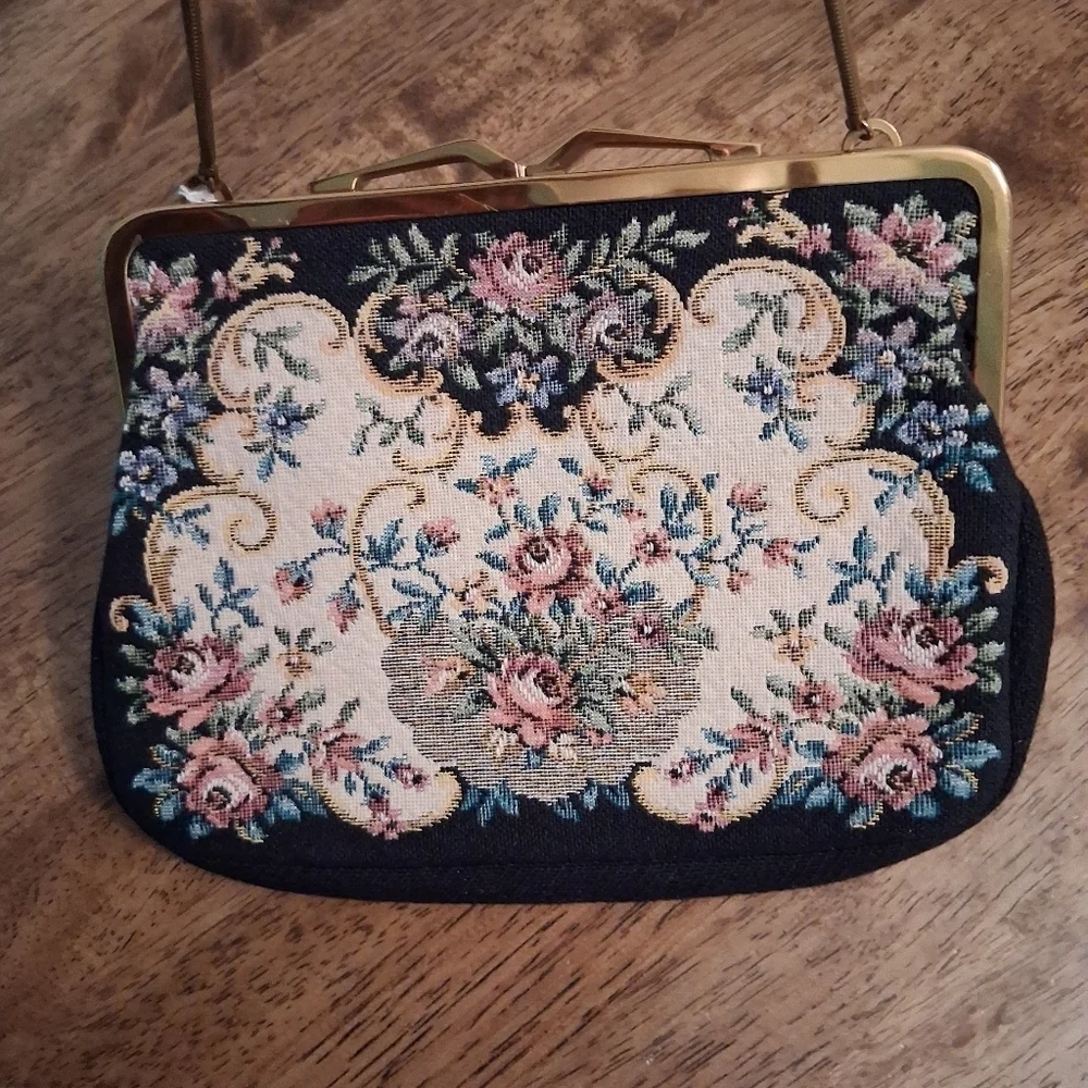 Vtg 40s Western Germany Petit Point Needlepoint Floral Tapestry Bag Purse